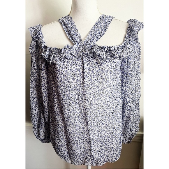 By Anthropologie • Caia Open-Shoulder Blouse Blue Floral - Picture 1 of 6
